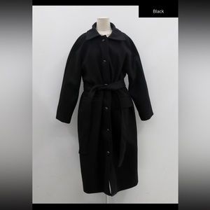Black waist tie wool coat